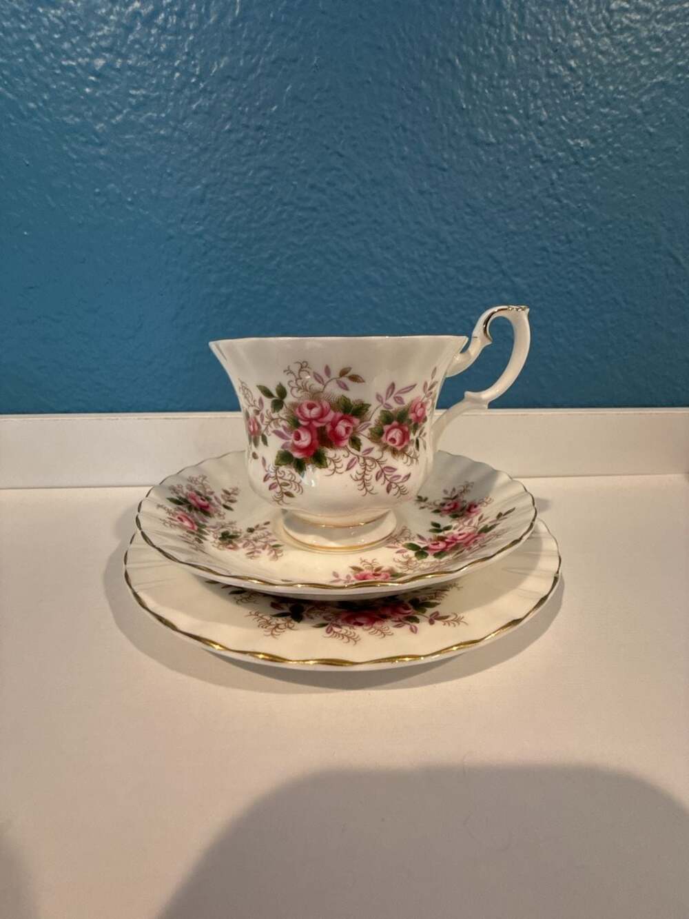 Royal Albert Lavender Rose Bone China Trio Footed Teacup, Saucer and Plate Set